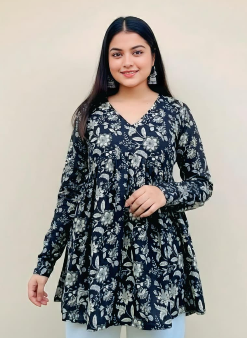 Black Printed Cotton Long Sleeve Tunic Top for Women | Comfortable Casual & Office Wear Top
