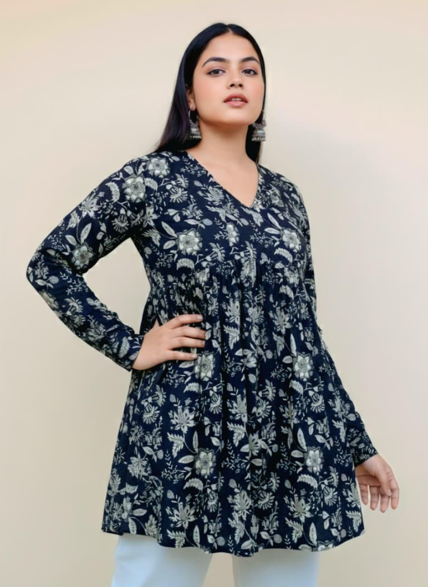 Black Printed Cotton Long Sleeve Tunic Top for Women | Comfortable Casual & Office Wear Top