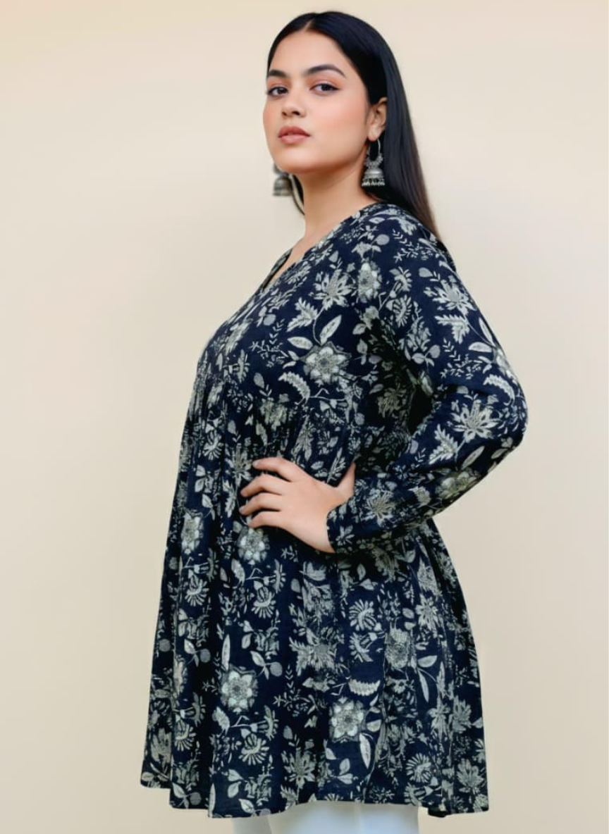 Black Printed Cotton Long Sleeve Tunic Top for Women | Comfortable Casual & Office Wear Top