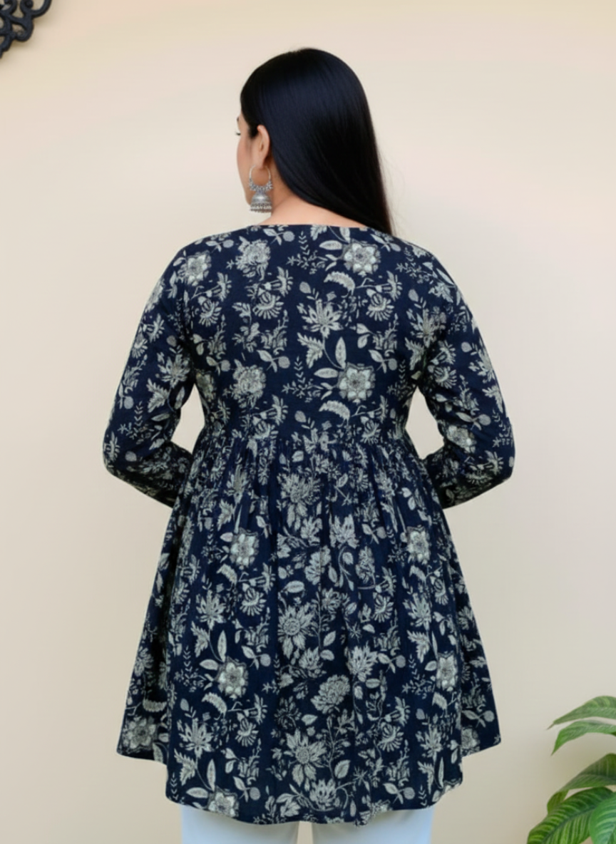 Black Printed Cotton Long Sleeve Tunic Top for Women | Comfortable Casual & Office Wear Top