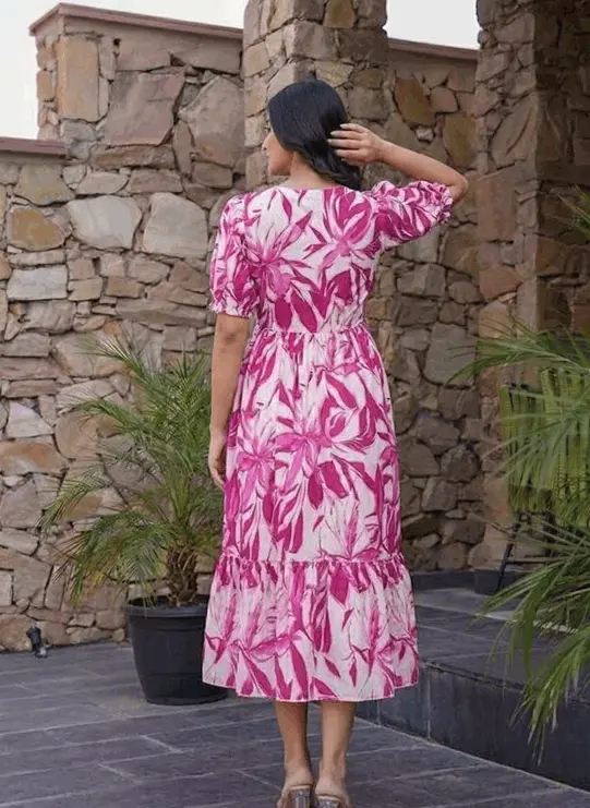 Floral Print Tiered Midi Dress for Women | Puff Sleeve Lightweight Summer Party Dress