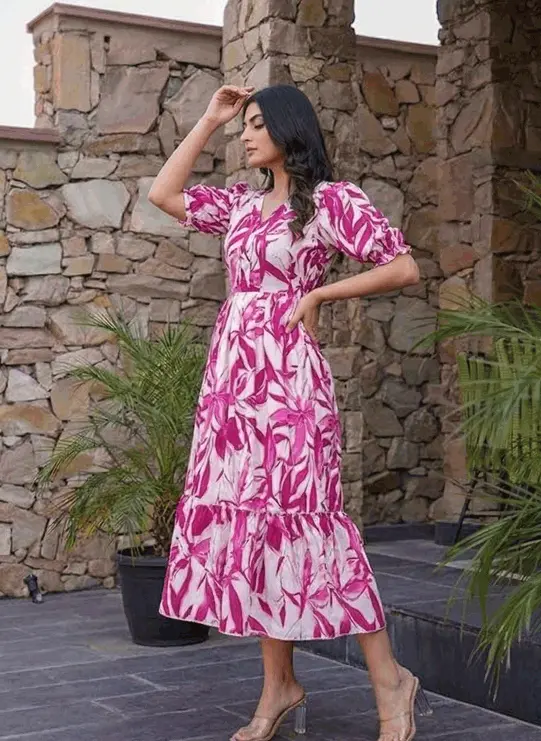 Floral Print Tiered Midi Dress for Women | Puff Sleeve Lightweight Summer Party Dress