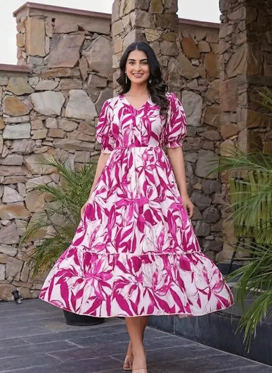 Floral Print Tiered Midi Dress for Women | Puff Sleeve Lightweight Summer Party Dress