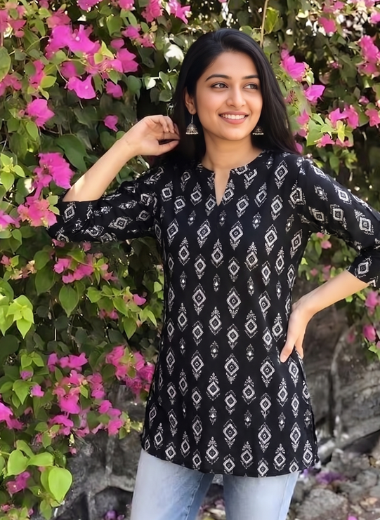 Black Printed Rayon Short Kurti for Women | Stylish Casual & Office Wear Kurti Top