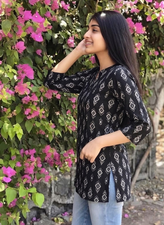 Black Printed Rayon Short Kurti for Women | Stylish Casual & Office Wear Kurti Top