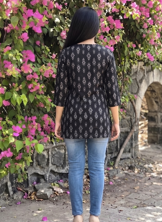 Black Printed Rayon Short Kurti for Women | Stylish Casual & Office Wear Kurti Top