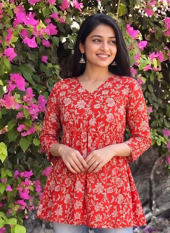Red Floral Printed Cotton Tunic Top for Women | Long Sleeve Casual & Office Wear Top