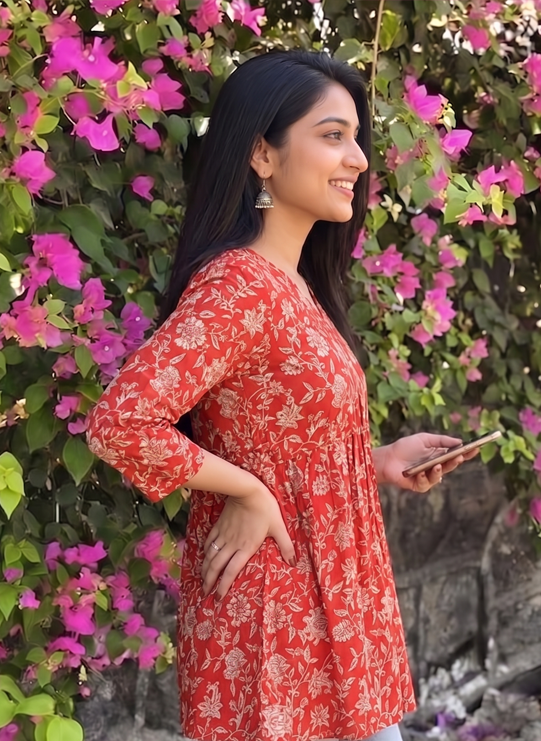 Red Floral Printed Cotton Tunic Top for Women | Long Sleeve Casual & Office Wear Top