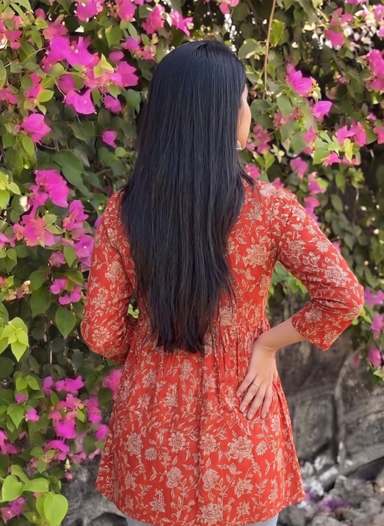 Red Floral Printed Cotton Tunic Top for Women | Long Sleeve Casual & Office Wear Top