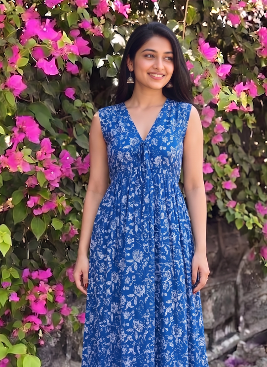 Blue Floral Cotton Midi Dress for Women | Comfortable Summer Casual Wear Dress