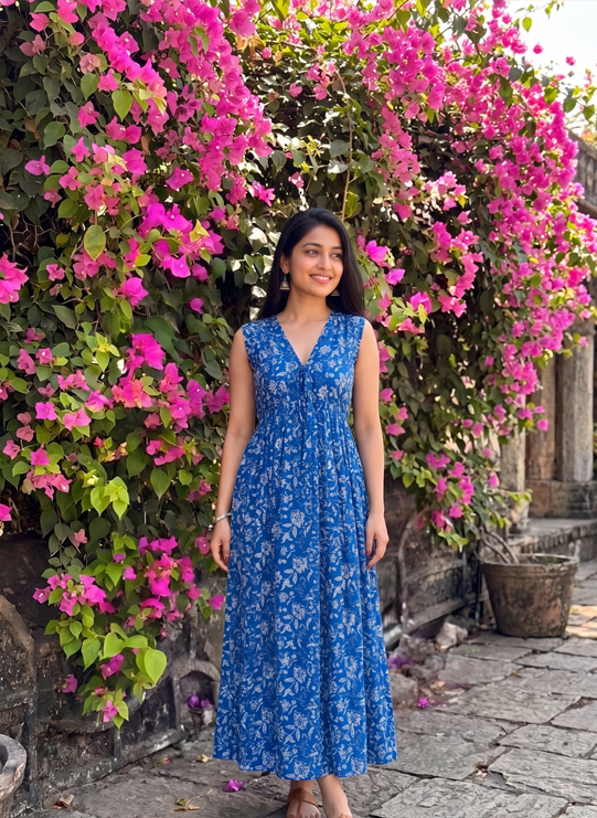 Blue Floral Cotton Midi Dress for Women | Comfortable Summer Casual Wear Dress