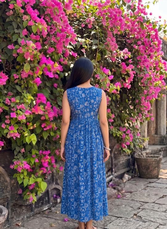Blue Floral Cotton Midi Dress for Women | Comfortable Summer Casual Wear Dress